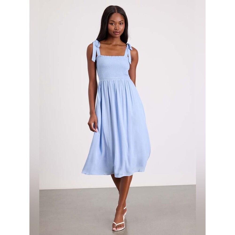 Lulus “Looking Up Light Blue Smocked Tie-Strap Midi Dress”